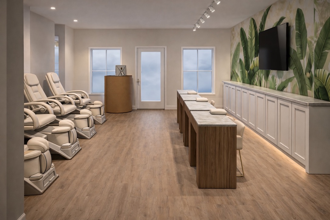 Rendering of the new Nailtini Key West pedicure lounge with cream spa chairs and warm wood floors