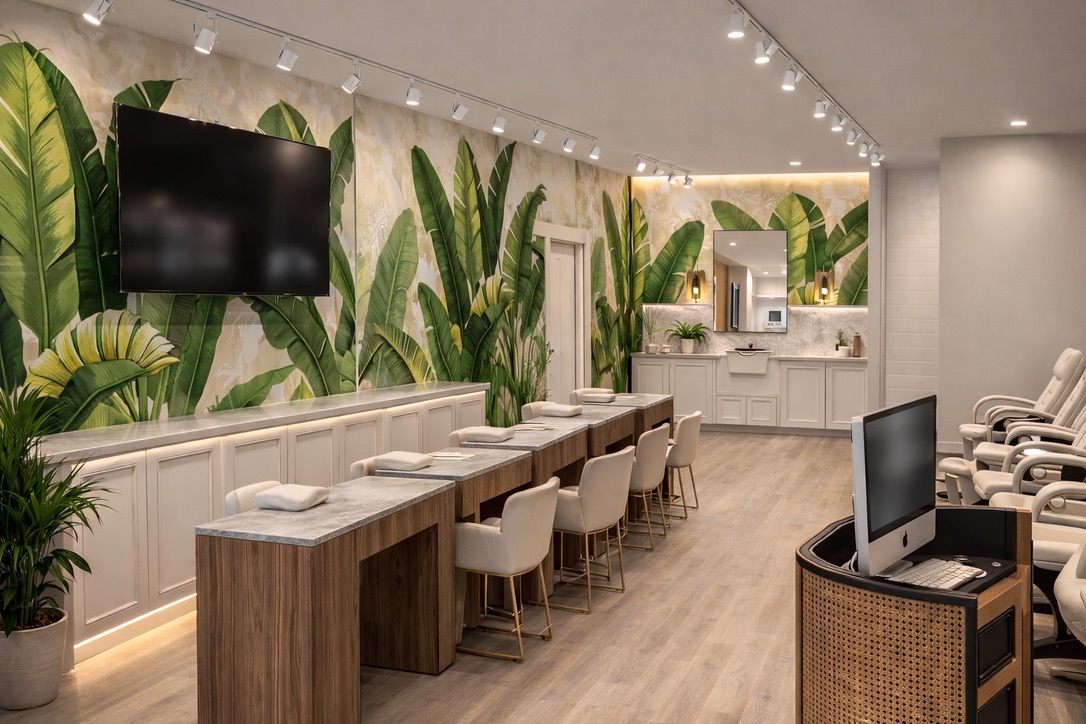 Rendering of the refreshed Nailtini Key West salon with tropical palm-leaf mural and marble manicure bars